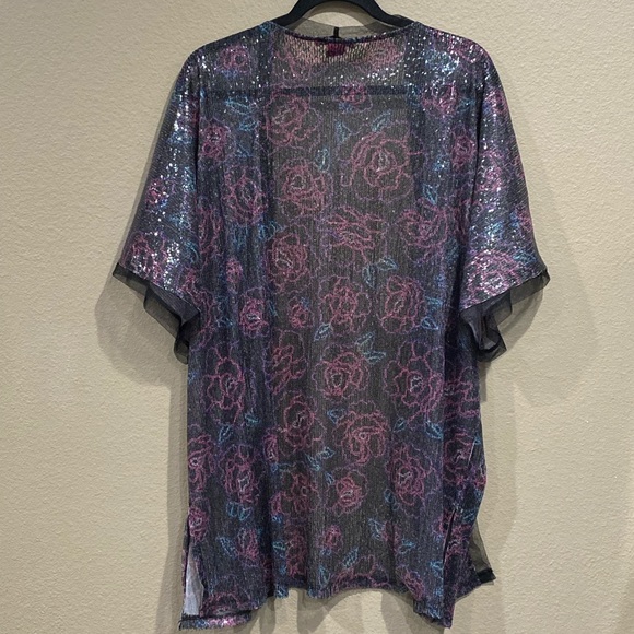 Betsey Johnson Sequin Short Sleeve Kimono Floral Open Front Shawl Multicolor OS - Picture 7 of 10